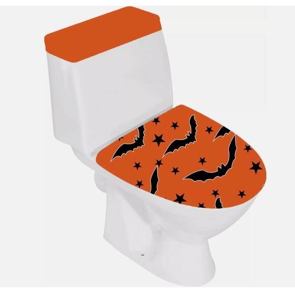 NWT Halloween Toilet Lid Cover Set Elastic Orange Bats Stars Decoration Party - Picture 1 of 3